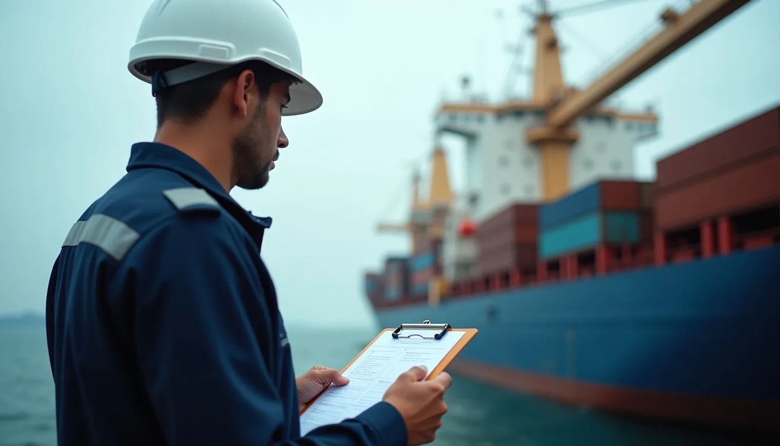 Marine surveyor in a white helmet inspecting a cargo ship with a clipboard
