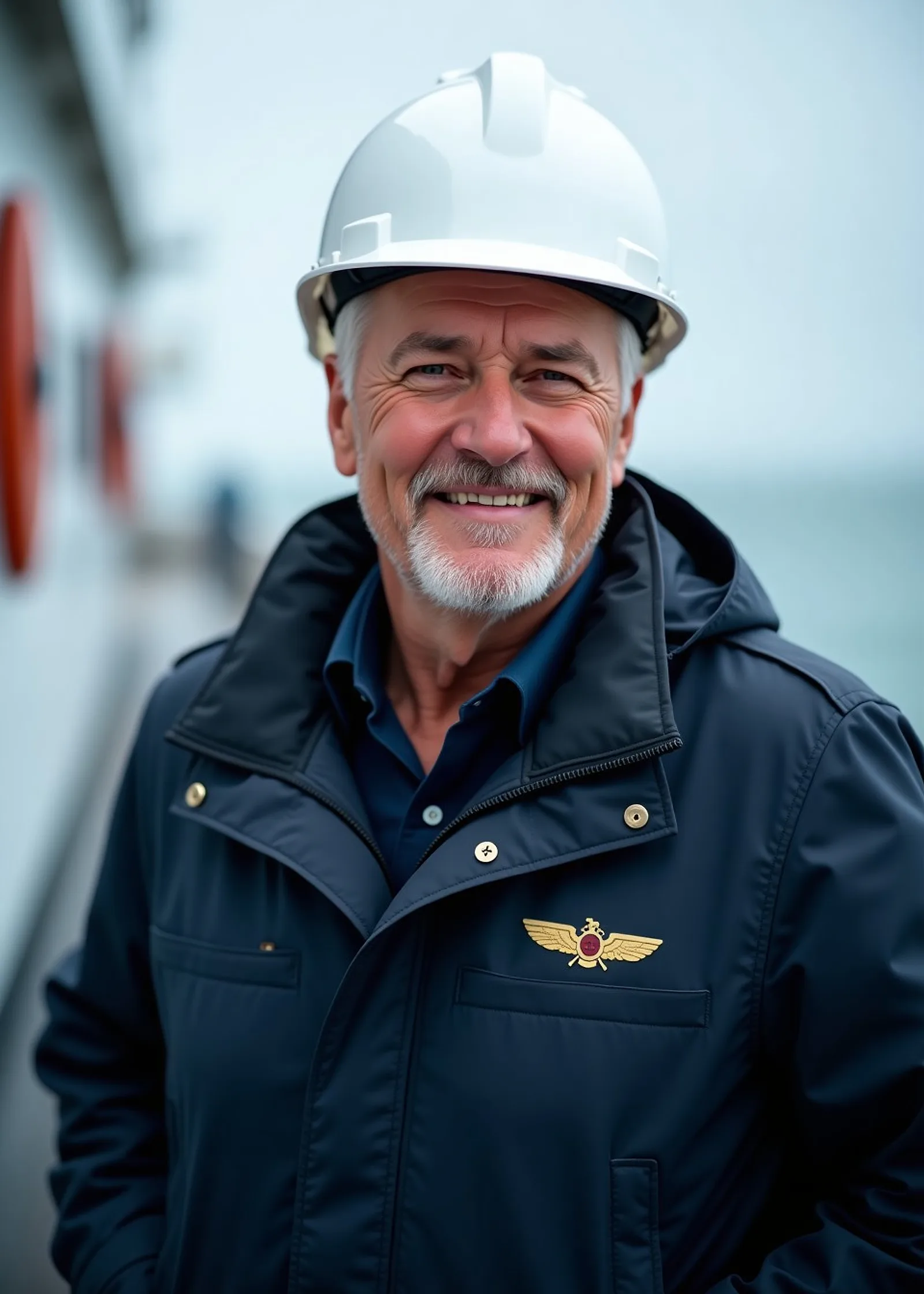 Smiling marine superintendent in a navy jacket and white hard hat on deck