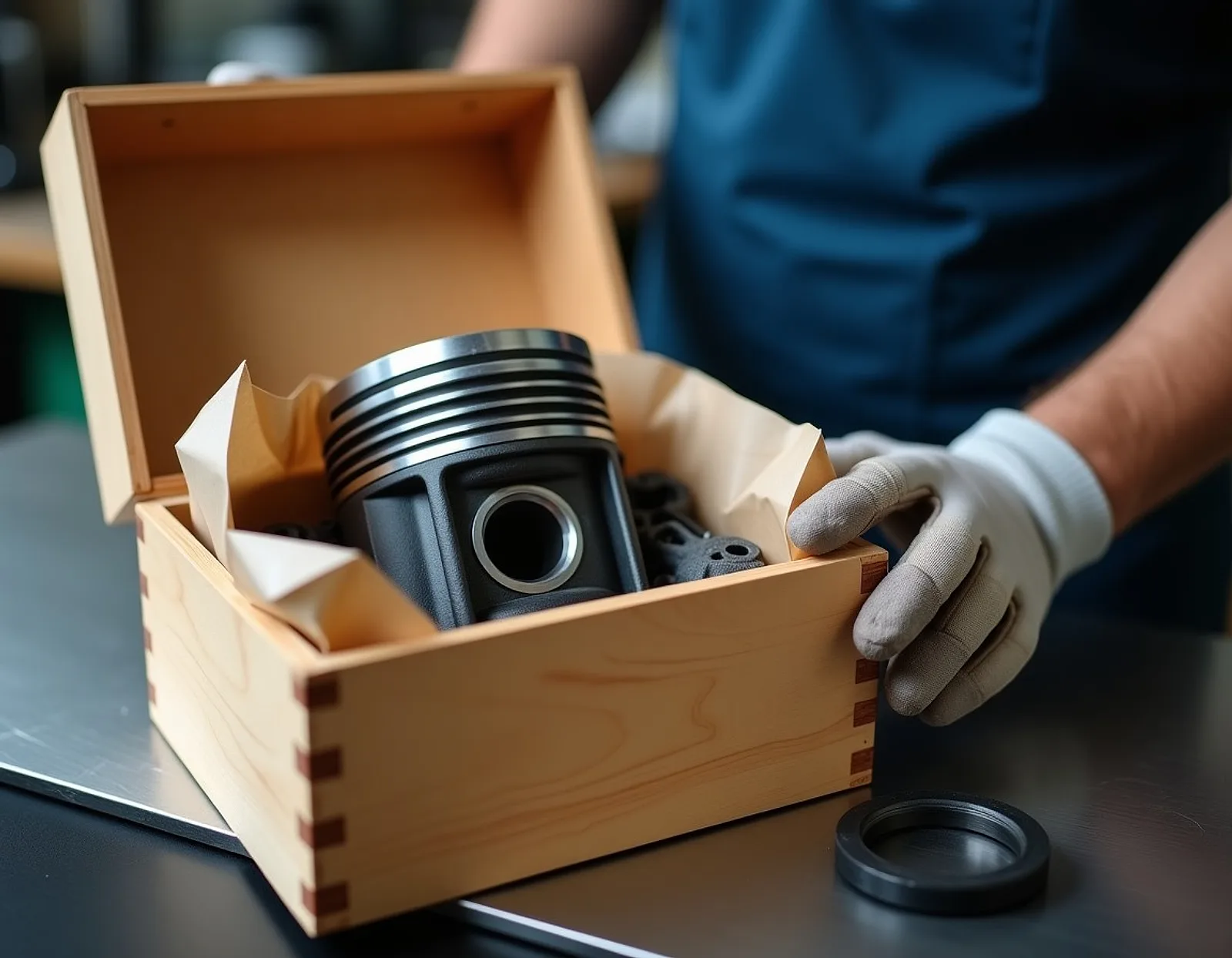 Wooden crate holding a new engine piston and rings in protective paper